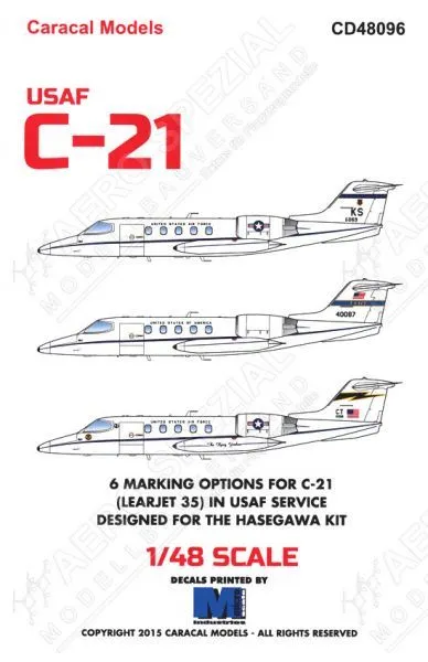 Caracal 1/48 CD48096 - USAF C-21 Learjet 35 decals for Hasegawa